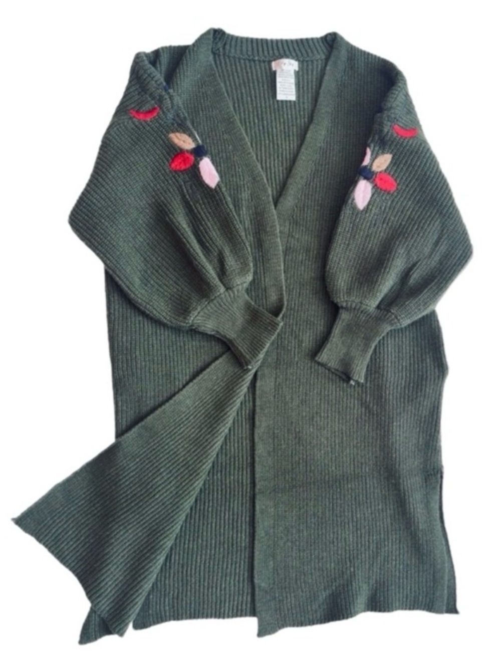 #84 LILY SKY ~ Green 3/4 Sleeve Long Cardigan Sweater Embroidered Floral Accents